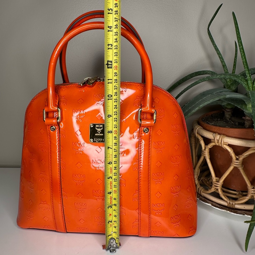 MCM Ivana Patent Leather Large Bowler Bag Orange Printed Logo Y2k Pristine - Picture 12 of 13